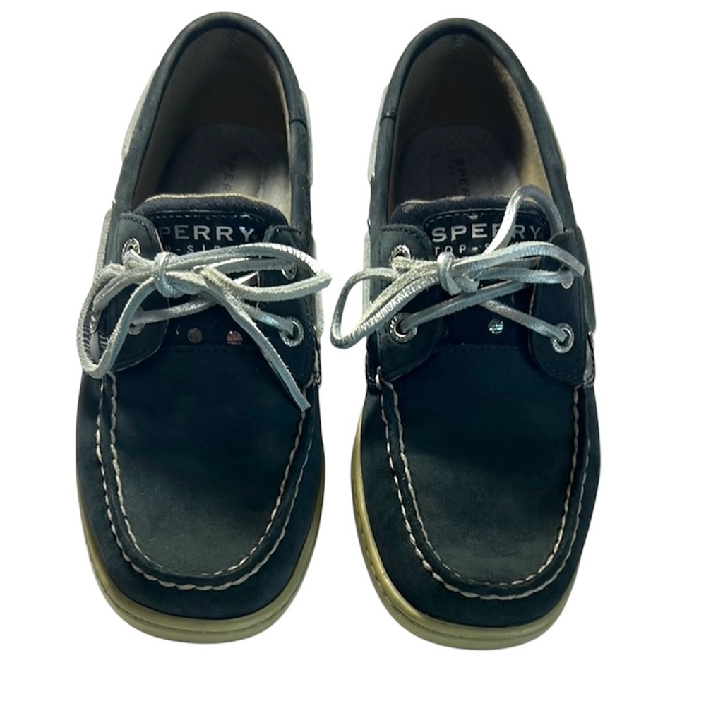 Sperry Navy Blue Boat Shoes with Silver Laces